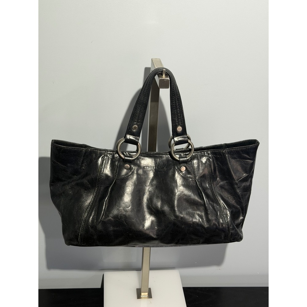 Y2K Kenneth Cole New York Black Leather Shoulder Bag Tote Silver Ring Detail